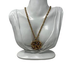 Gold Tone Necklace Swirl and Glass Stone Design Vintage Pendant‎